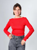 Langarmshirt mit U-Boot-Ausschnitt aus leuchtrotem Ripp-Jersey