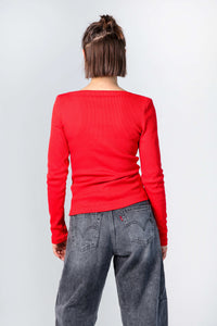 Longsleeve Selma aus rotem Ripp-Jersey in der Rückansicht 